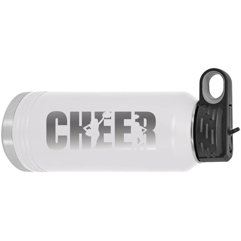CustomGiftsNow Cheer - Cheerleading 32-Ounce Engraved Double-Wall Insulated Stainless Steel Sports Water Bottles with Flip Top Lid, Straw (White)