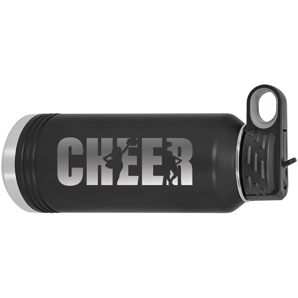 CustomGiftsNow Cheer - Cheerleading 32-Ounce Engraved Double-Wall Insulated Stainless Steel Sports Water Bottles with Flip Top Lid, Straw (Black)
