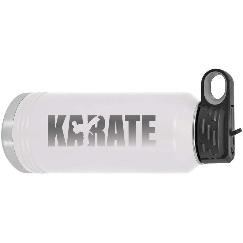 CustomGiftsNow Karate - 32-Ounce Engraved Double-Wall Insulated Stainless Steel Sports Water Bottles with Flip Top Lid, Straw (White)