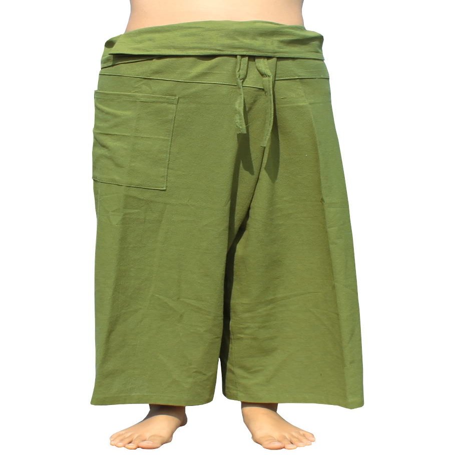 RaanPahMuang Brand Plain Thick Muang Cotton Fisherman Wrap Tall Pants, Small Tall, Dark Olive Green