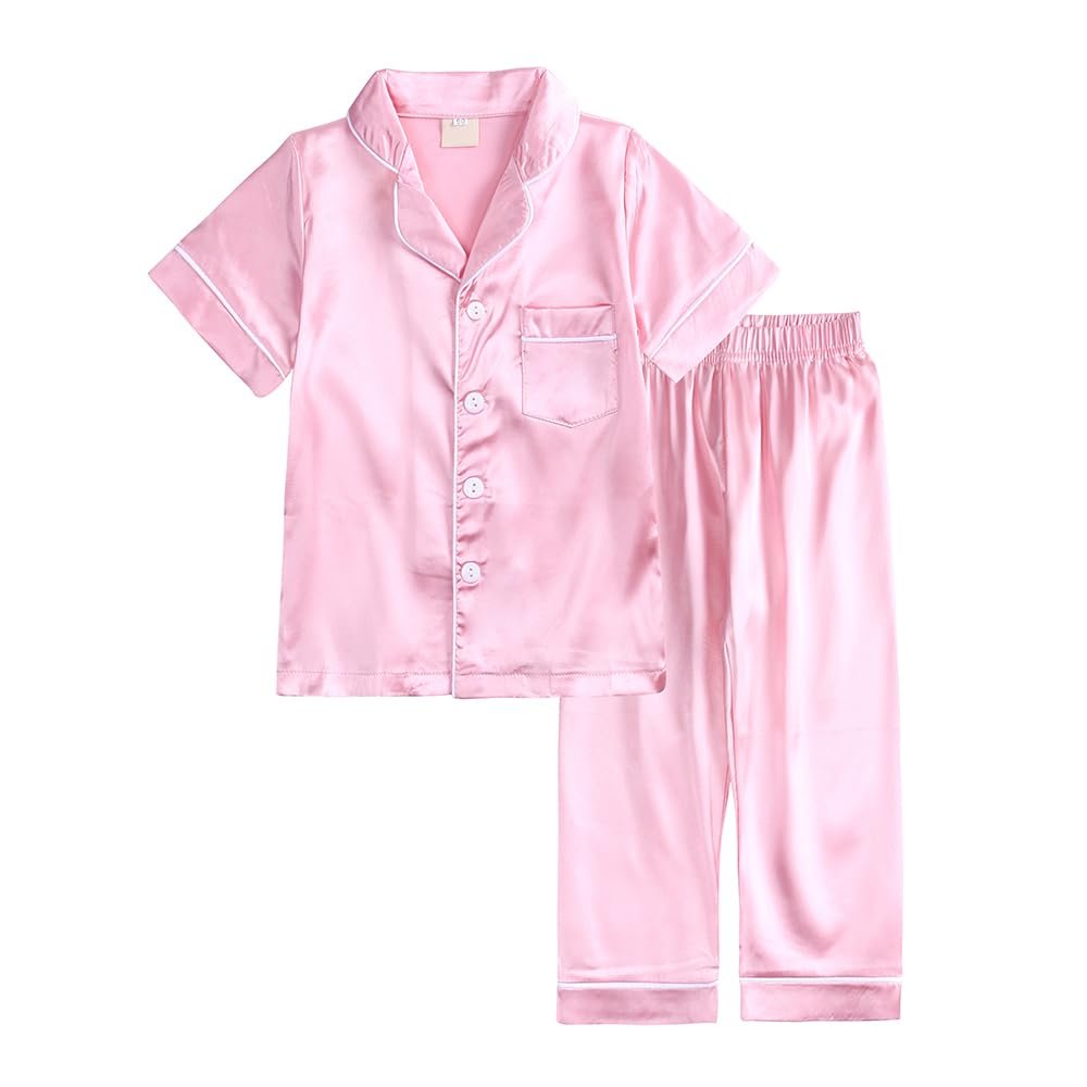 ZFTTZYMX Little Boys Girls Satin Sleepwear Set Pocket Button-down Short Sleeve Top + Long Pants Nightwear 2Pcs Pajamas Set