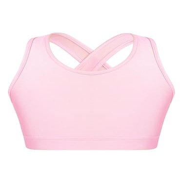 YONGHS Kids Girls Athletic Bra Shoulder Straps Cross at Rear Sport Bra Top Keyhole Back Shockproof Running Gym Pink 8 Years