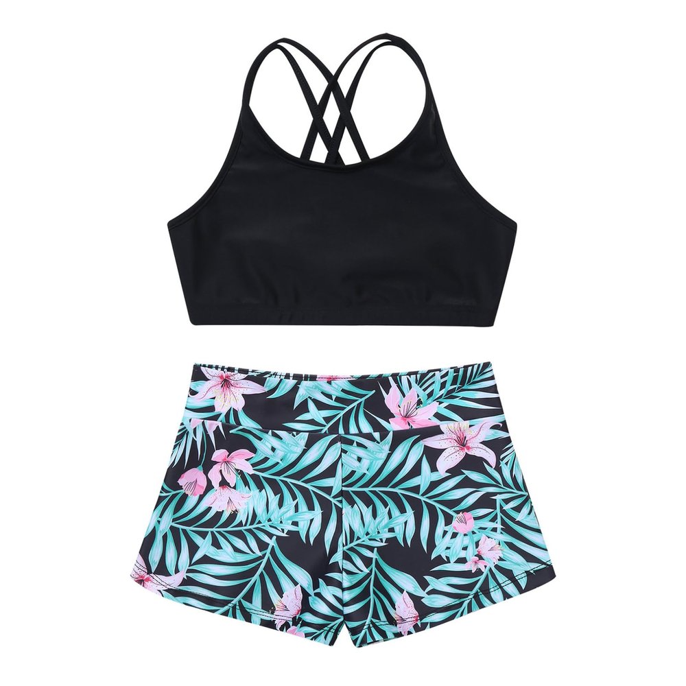 Moily Girls Gymnastics/Dance/Sports Two Piece Outfit Criss Cross Back Crop Top with Booty Shorts Swimwear Black&Green 14-16