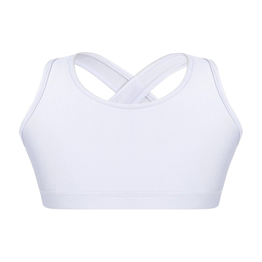 YONGHS Kids Girls Athletic Bra Shoulder Straps Cross at Rear Sport Bra Top Keyhole Back Shockproof Running Gym White 4 Years