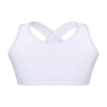 YONGHS Kids Girls Athletic Bra Shoulder Straps Cross at Rear Sport Bra Top Keyhole Back Shockproof Running Gym White 12 Years