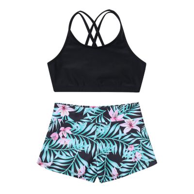 Moily Girls Gymnastics/Dance/Sports Two Piece Outfit Criss Cross Back Crop Top with Booty Shorts Swimwear Black&Green 8-10