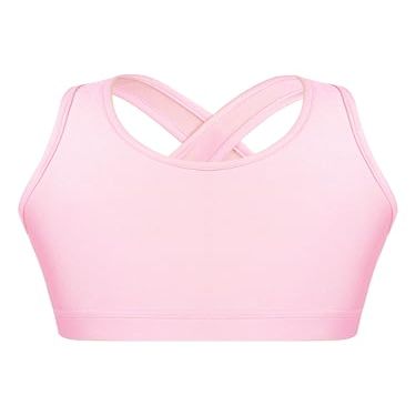 YONGHS Kids Girls Athletic Bra Shoulder Straps Cross at Rear Sport Bra Top Keyhole Back Shockproof Running Gym Pink 12 Years