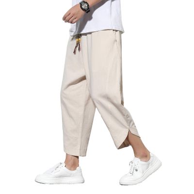 DOSLAVIDA Men's Casual Elastic Waist Linen Capri Pants Wide Leg Baggy Cotton Harem Yoga Trousers Loose Patchwork Shorts