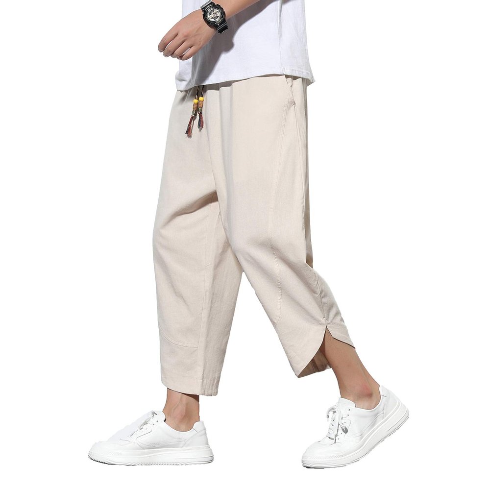 DOSLAVIDA Men's Casual Elastic Waist Linen Capri Pants Wide Leg Baggy Cotton Harem Yoga Trousers Loose Patchwork Shorts
