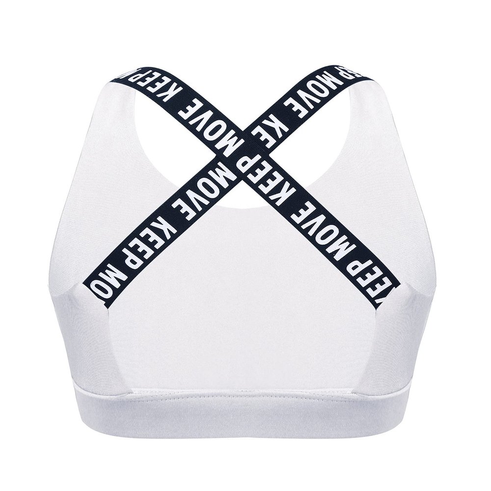 Yeeye Kids Girls Letter Print Criss Cross Back Sports Bra Dance Crop Top Gymnastics Athletic Shirts White 4