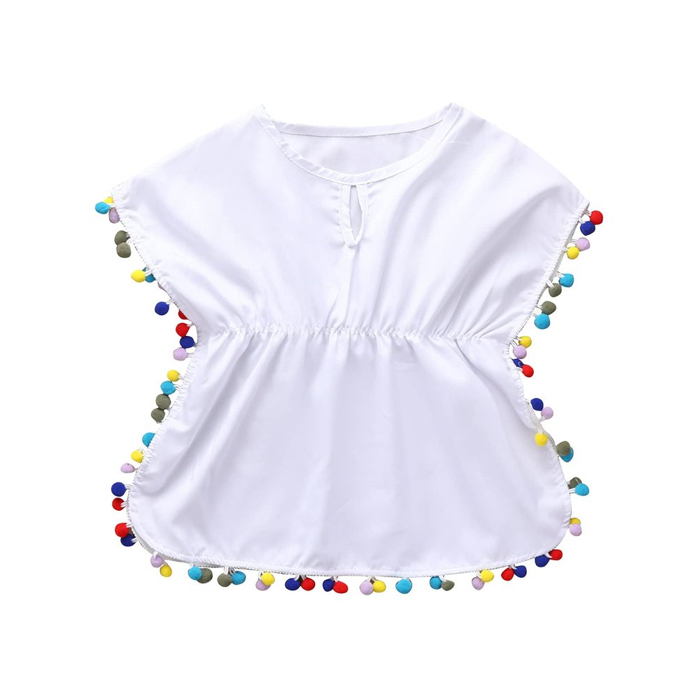1-5T Toddler Kids Baby Girl Swim Cover-Up Pompom Trim Daisy Sundress Summer Beach Play Dress Swimwear (White B, 3T-4T)