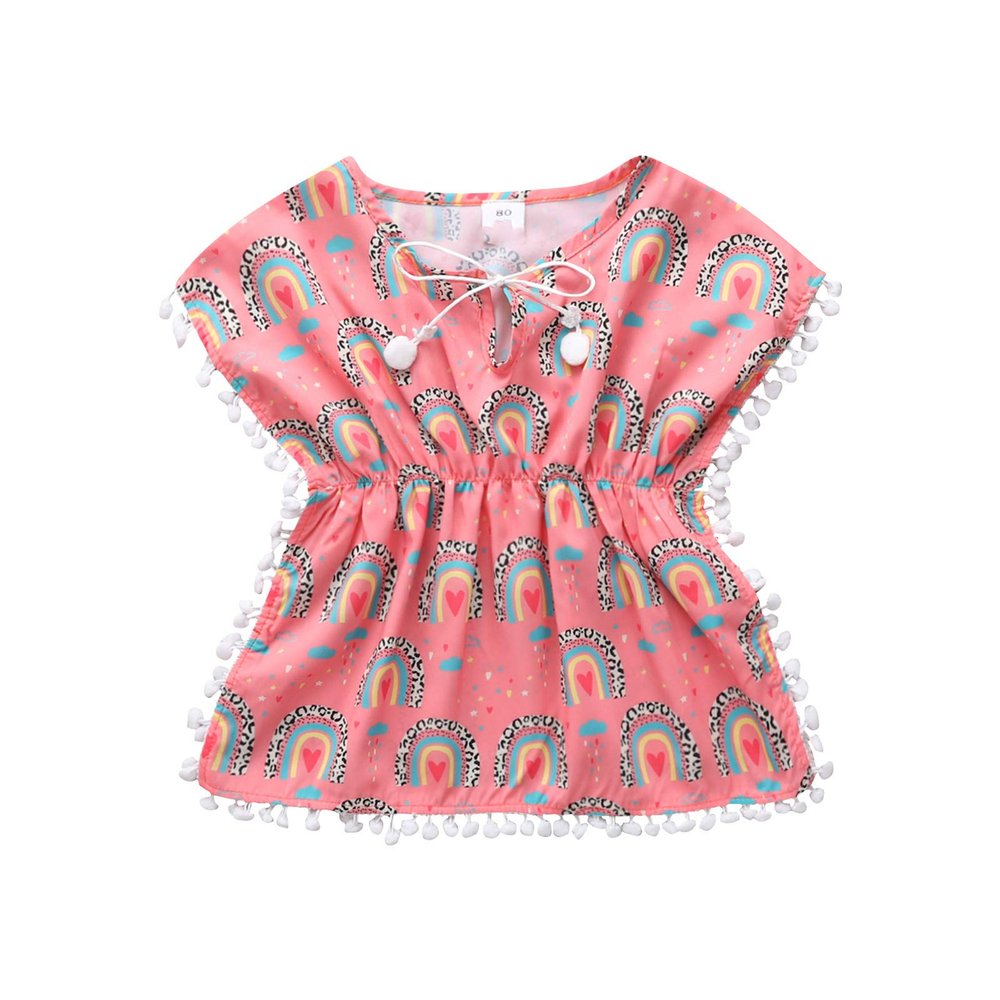 1-5T Toddler Kids Baby Girl Swim Cover-Up Pompom Trim Daisy Sundress Summer Beach Play Dress Swimwear (Pink, 3T-4T)