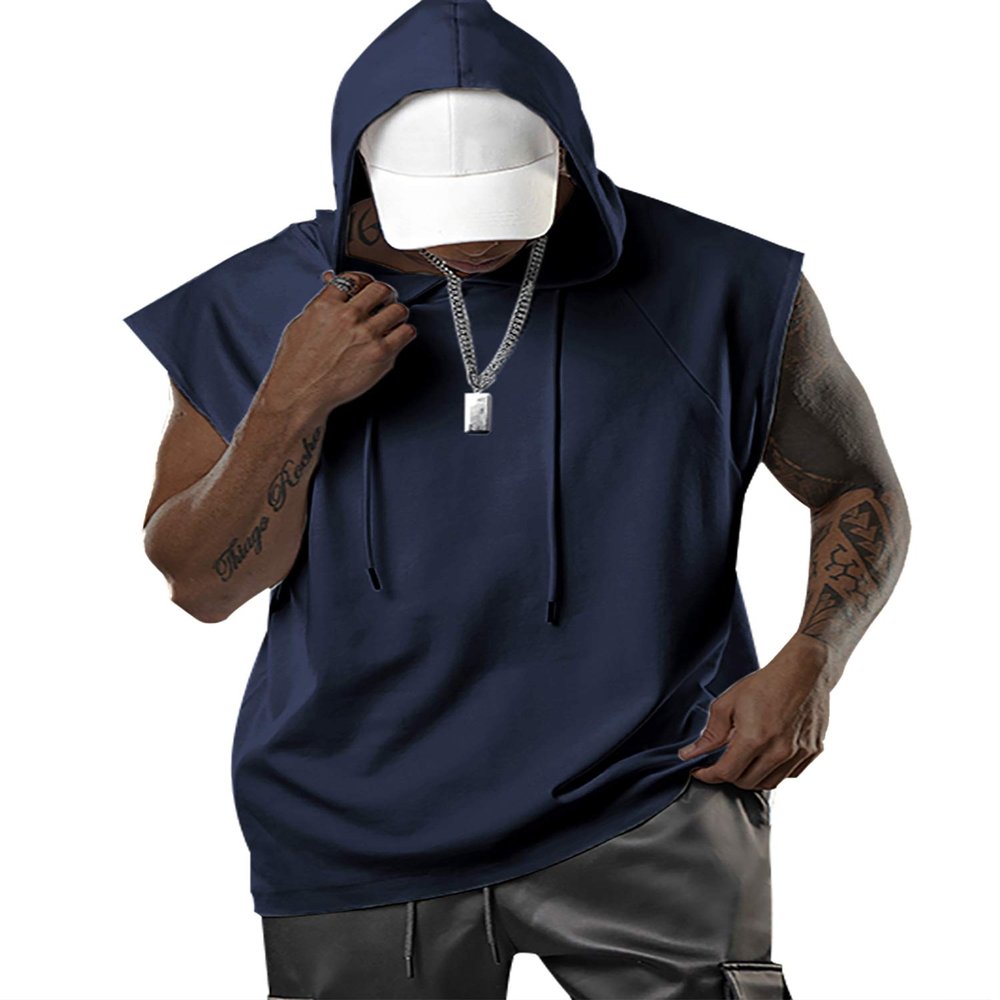 Aixdir Mens Sleeveless Hoodie Sleeveless Shirts Bodybuilding Tank Top Short Sleeve Shirt Navy Blue