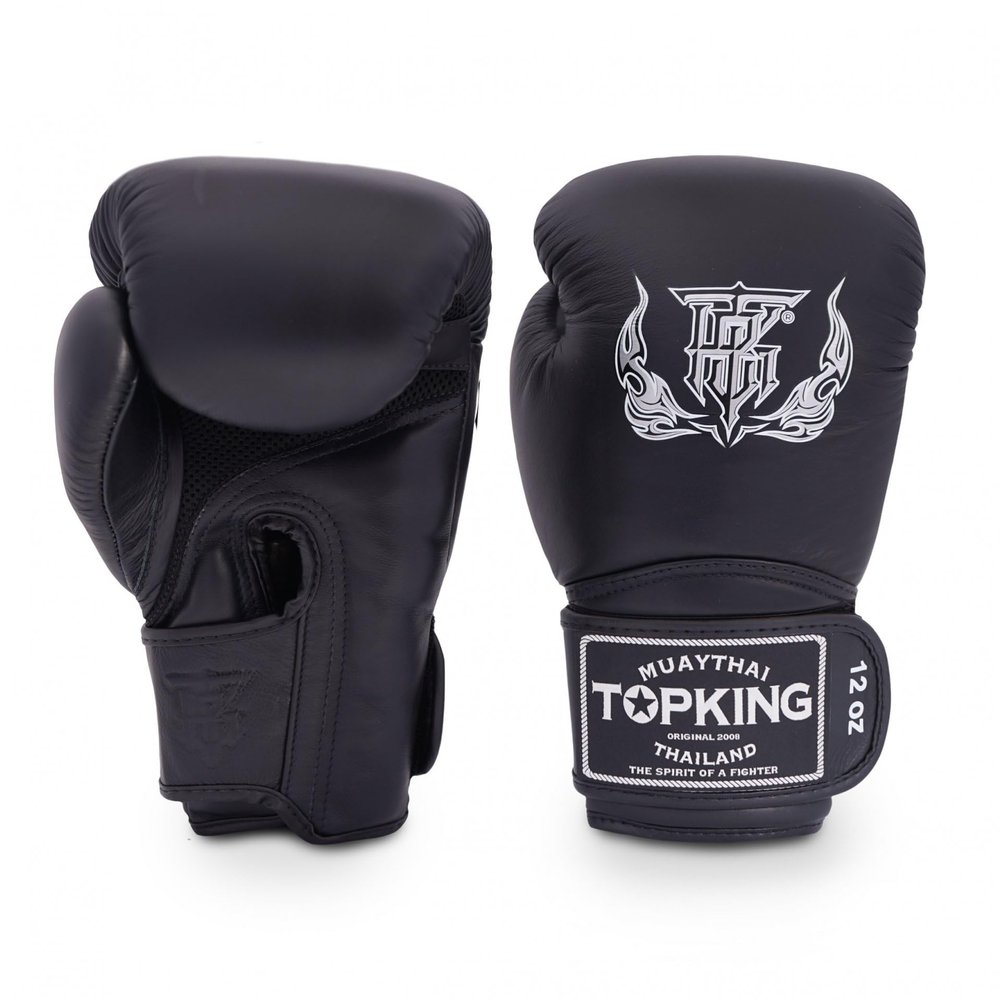 Top King Super Air Breathable Leather Gloves Muay Thai Boxing Gloves for Training or Sparring - Black, 10oz