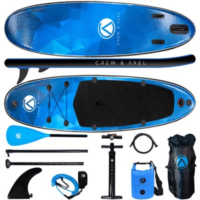 Inflatable Paddle Board SUP by Crew & Axel - 10FT 33" Wide (6.2 Thick) Stand up Paddleboard Set W/Backpack, 3 Fins, Floating Paddle, Light Weight (17lb), Drybag, Camera Mount, Rings Seat Blue