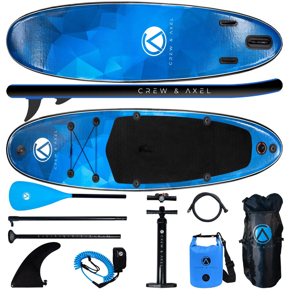 Inflatable Paddle Board SUP by Crew & Axel - 10FT 33" Wide (6.2 Thick) Stand up Paddleboard Set W/Backpack, 3 Fins, Floating Paddle, Light Weight (17lb), Drybag, Camera Mount, Rings Seat Blue