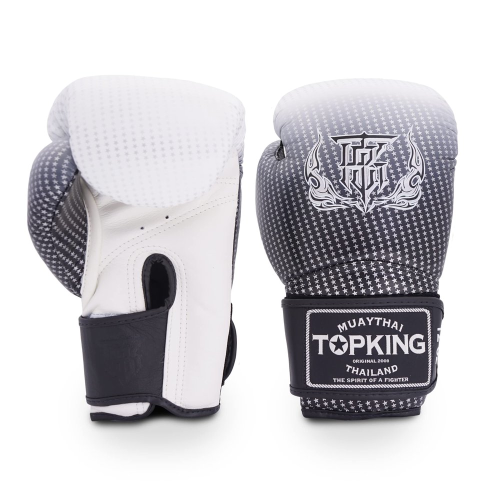 Top King Super Star Breathable Leather Gloves Muay Thai Boxing Gloves for Training or Sparring - Silver, 12oz