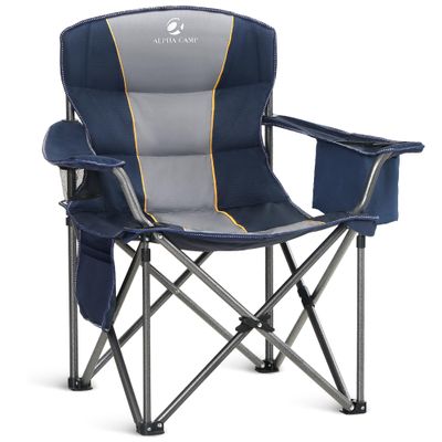 ALPHA CAMP Oversized Camping Chair Heavy Duty Lawn Chair with Cooler Bag Support 450 LBS Steel Frame Collapsible Padded Arm Quad Lumbar Back Folding Chair for Lawn Outdoor,Navy Blue,1PC