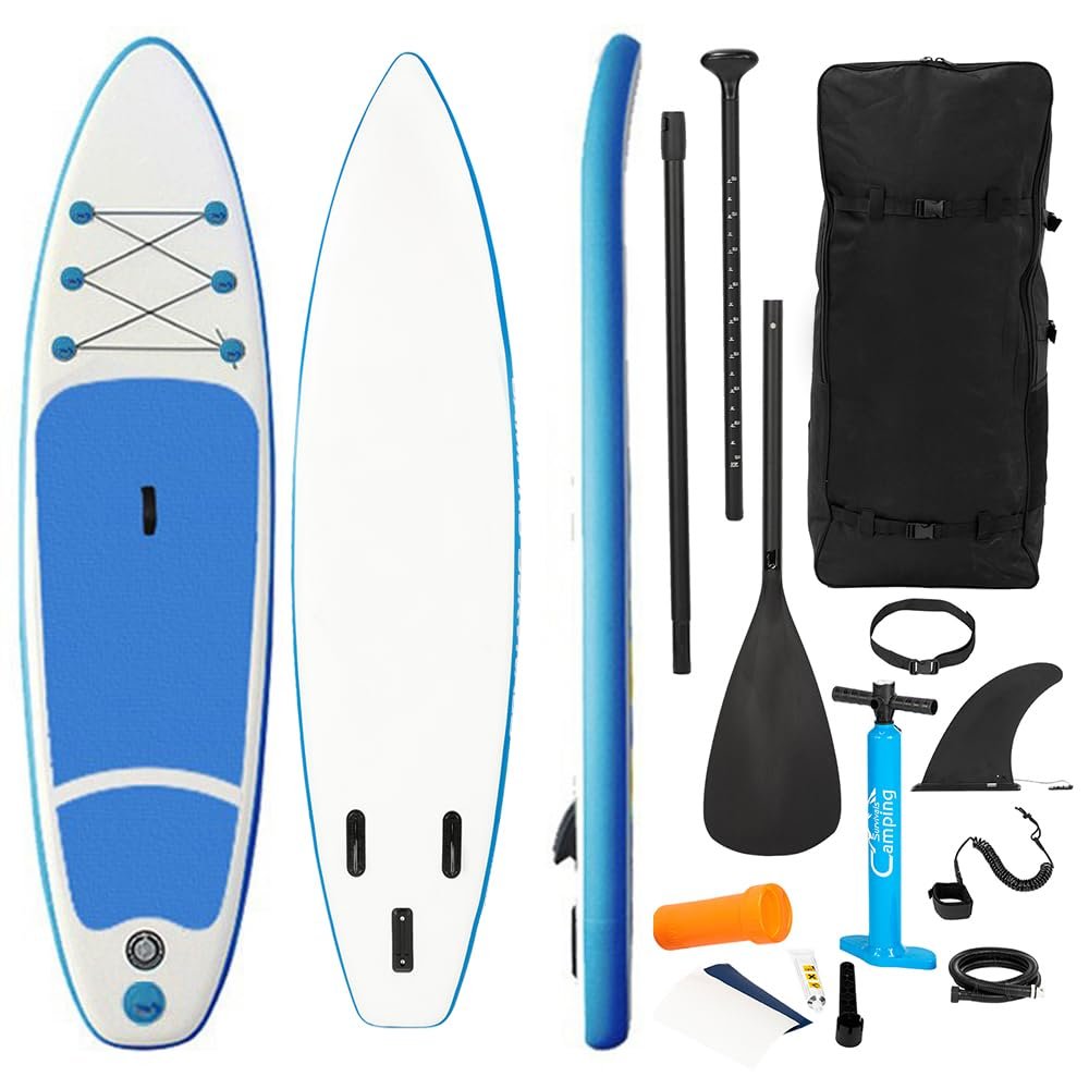 Inflatable Stand Up Paddle Board Durable SUP Accessories, Carry Bag, Fin, Wide Stance by Amebee for Paddling, Non-Slip Deck Surf Control Yoga Board Youth, Adult Standing Boat (White Blue 10ft Long)