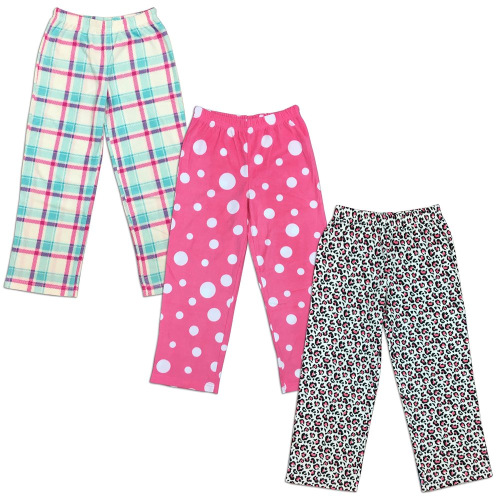 Mad Dog Girl's Pajama Pants - 2/3 Pack, Soft Micro Fleece Fashion Sleepwear Lounge. Sizes: 6-16, 3 Pack, 10-12, Leopard/Pink-dots/White-plaid