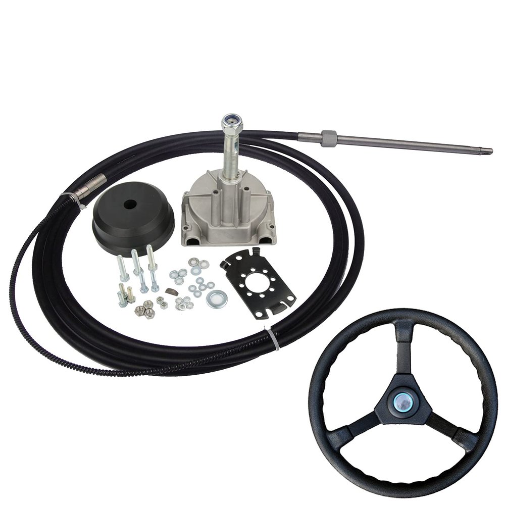 Outboard Steering System,Marine Turbine Rotary Steering System Outboard Boat Steering Kit with 13.5" Steering Wheel and Steering Cable Rotary Helm 3/4" Tapered Shaft 90 Bezel Fixing Kits (14FT)