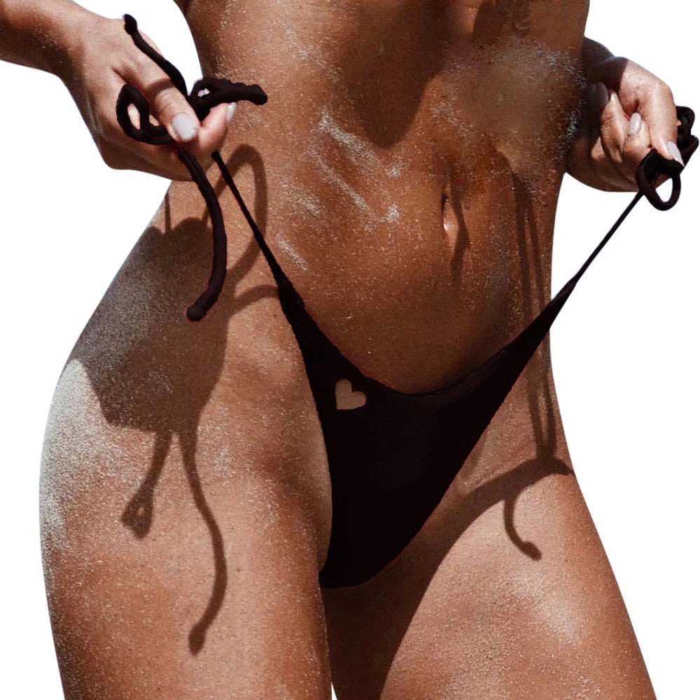 Women Bikini Bottom Side Tie heart-shaped Hollow Thong Bathing Swimsuit Beach Swimwear Brazilian Cheeky Swim Trunks Black
