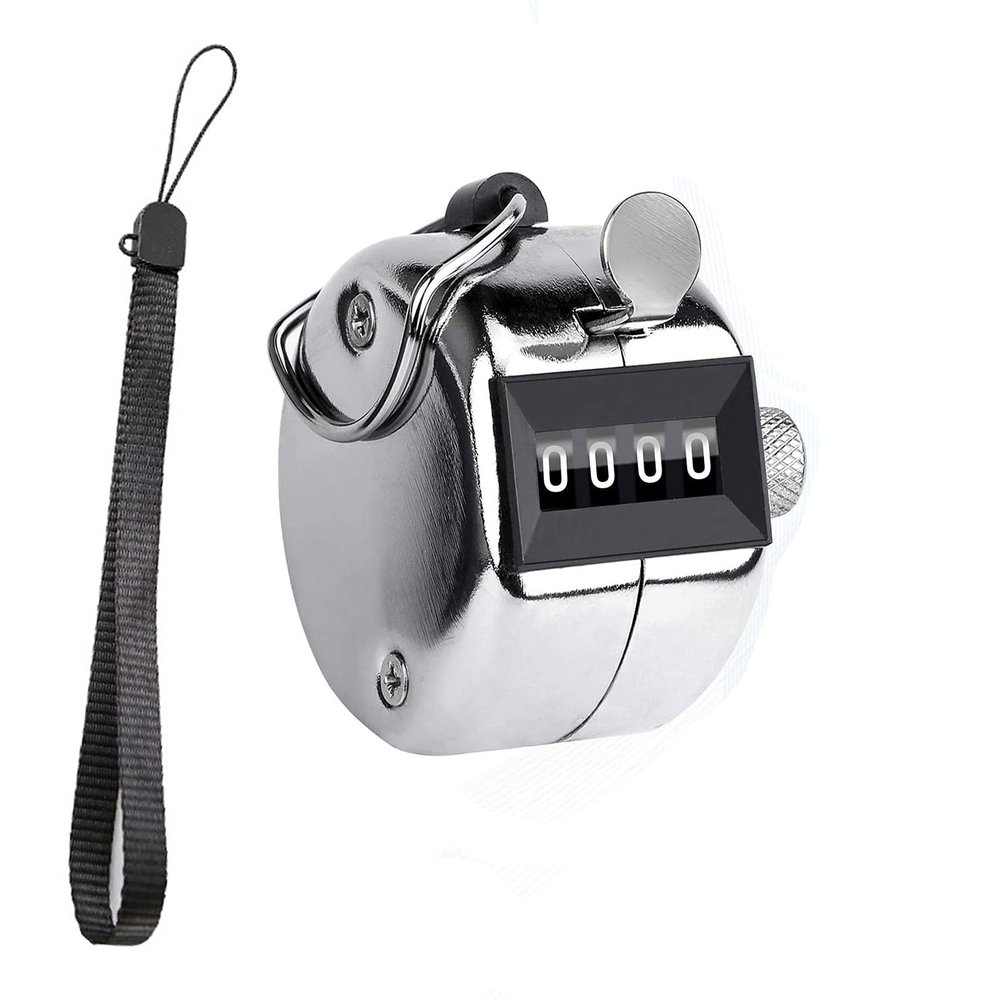 ZRAMO Metal Hand 4-Digit Tally Clicker Counter, Palm Clicker Digital Handheld Pitch Click Counter Number Count for Row, People, Golf, Lap & Knitting, Silver with Nylon Lanyard (1 PCS)