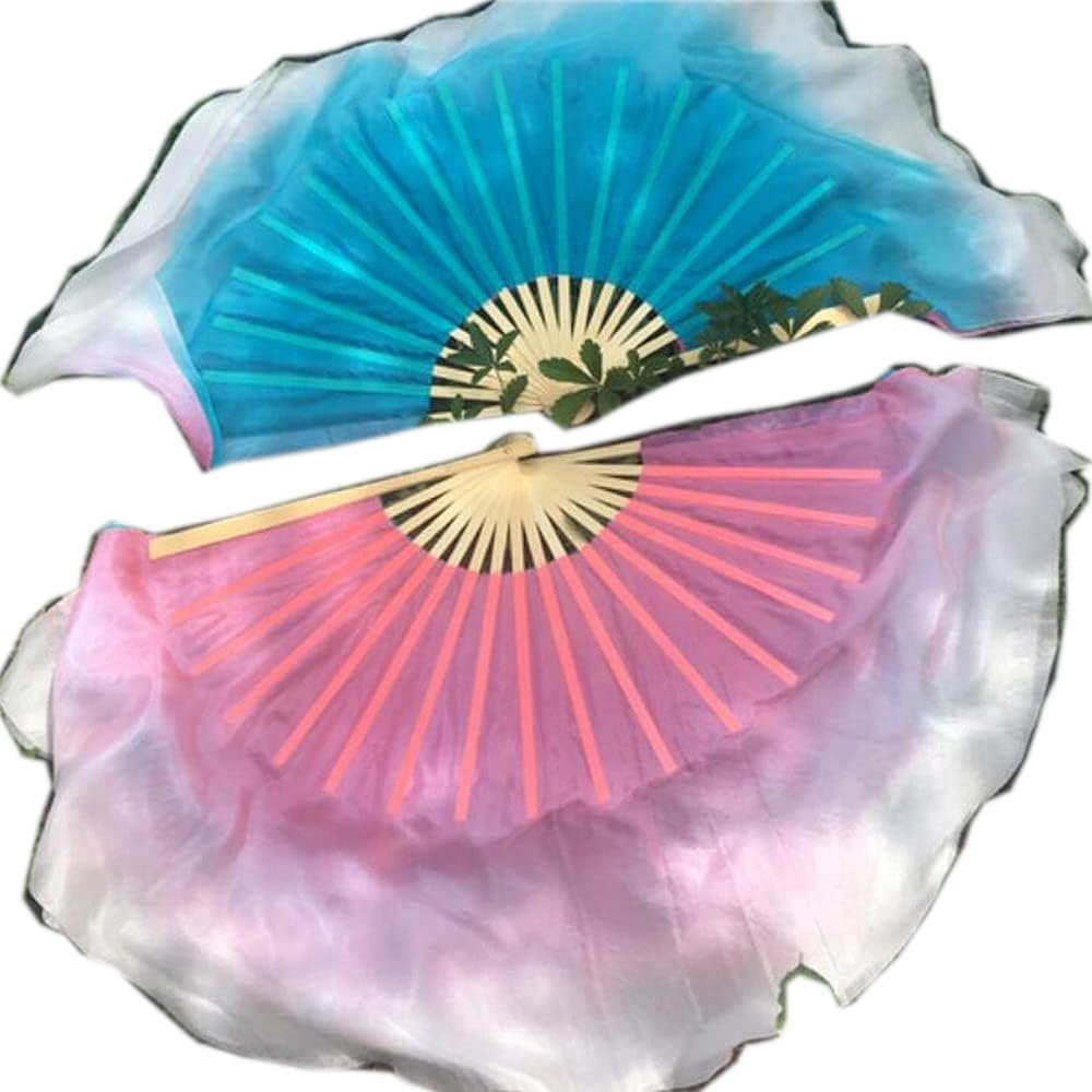 1pair Chinese Silk Dance Fan Two Sides Two Color Belly Dance Silk Fan National Dance Dancing Blue