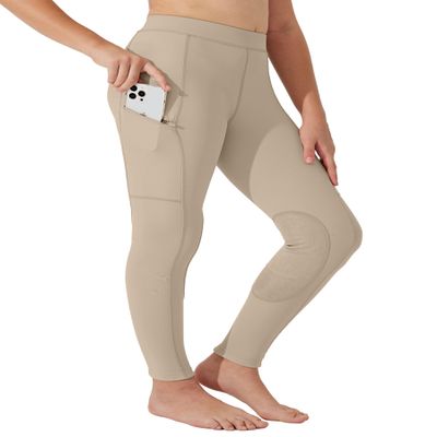 Willit Girls Horse Riding Pants Tights Kids Equestrian Breeches Knee-Patch Youth Schooling Tights Zipper Pockets Khaki L