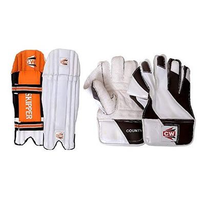 CW DEFENDER Cushioned wicket Keeping Supportive Protection Equipment Set Wicket Keeper Pads With Gloves For Men Wicket Keeping Combo Set Pack Two Pairs Men Wicket Keeping Gloves With Wicket Keeper Pad