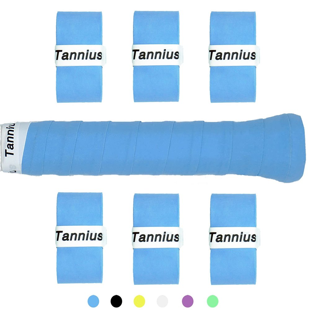 Tannius Tennis Racket Grip Tape, 6 Pack Tacky Tennis Grips, Absorbent and Enhanced Tennis Racquet Overgrip (6-Pack Blue)