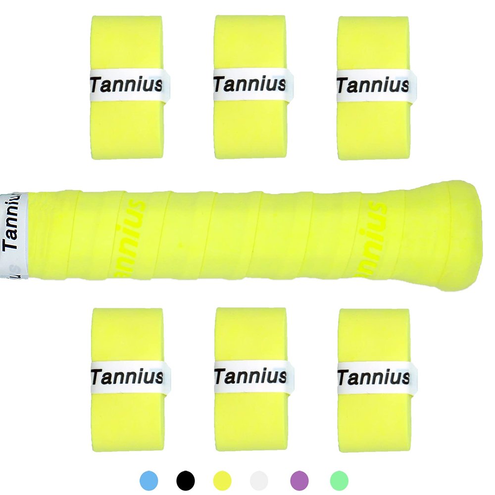 Tannius Tennis Racket Grip Tape, 6 Pack Tacky Tennis Grips, Absorbent and Enhanced Tennis Racquet Overgrip (6-Pack Yellow)