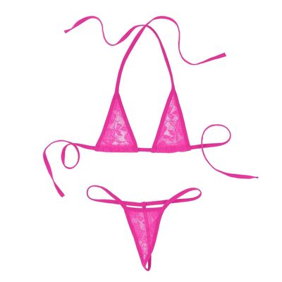 YOOJIA Women's 2 Piece Sexy Extreme Bikini Set Halter Bra Top with G-String Thong Swimwear Rose#Lace One Size