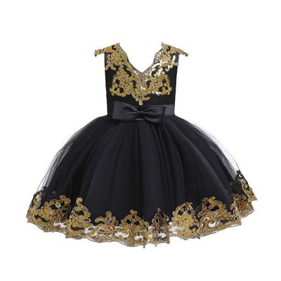 Lace Flower Girls Sequins Bowknot Tutu Dress for Kids Baby Christening Baptism Communion Birthday Party Formal Dress Toddler Princess Pageant Wedding Bridesmaid V-Back Gowns Black 4-5 Years