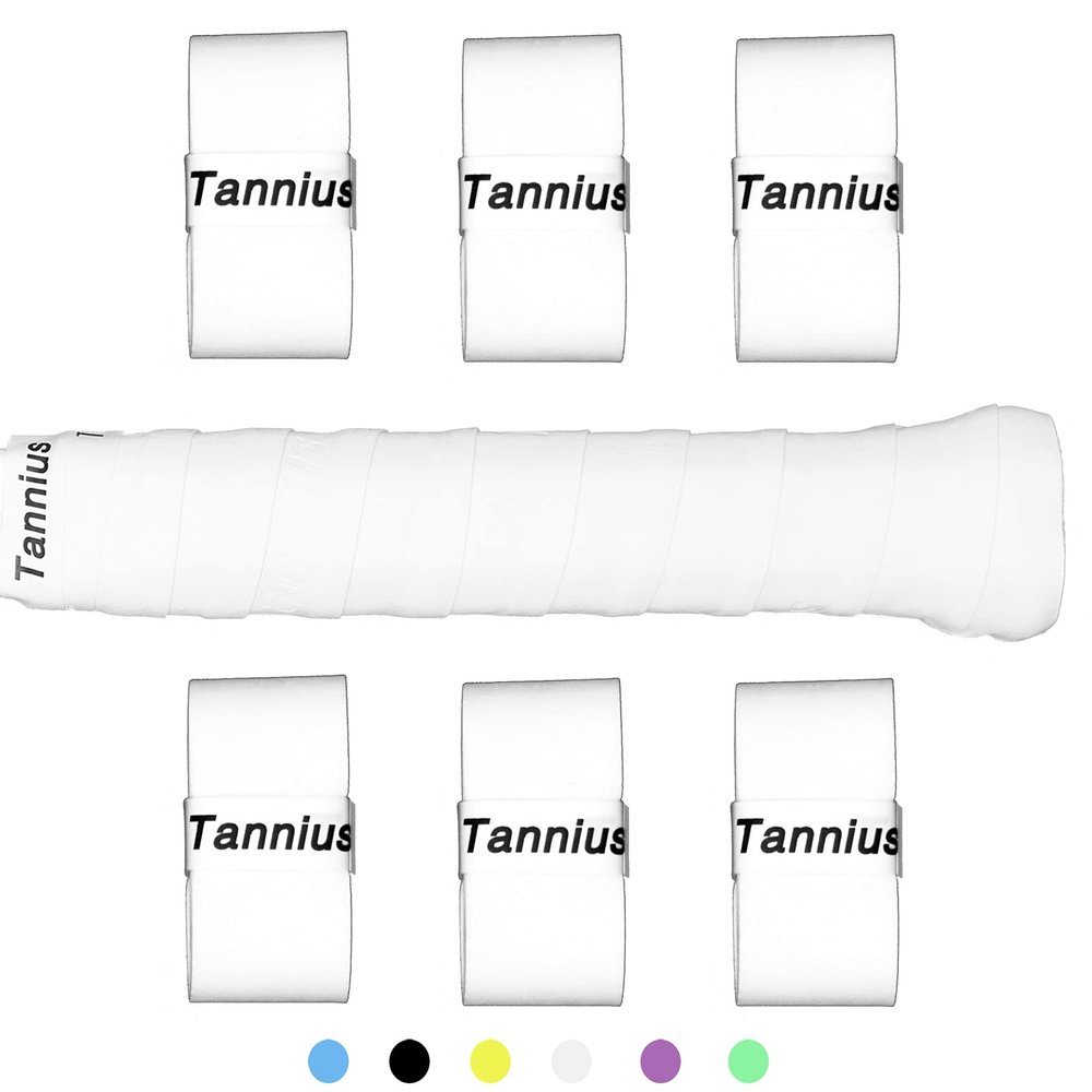 Tannius Tennis Racket Grip Tape, 6 Pack Tacky Tennis Grips, Absorbent and Enhanced Tennis Racquet Overgrip (6-Pack White)