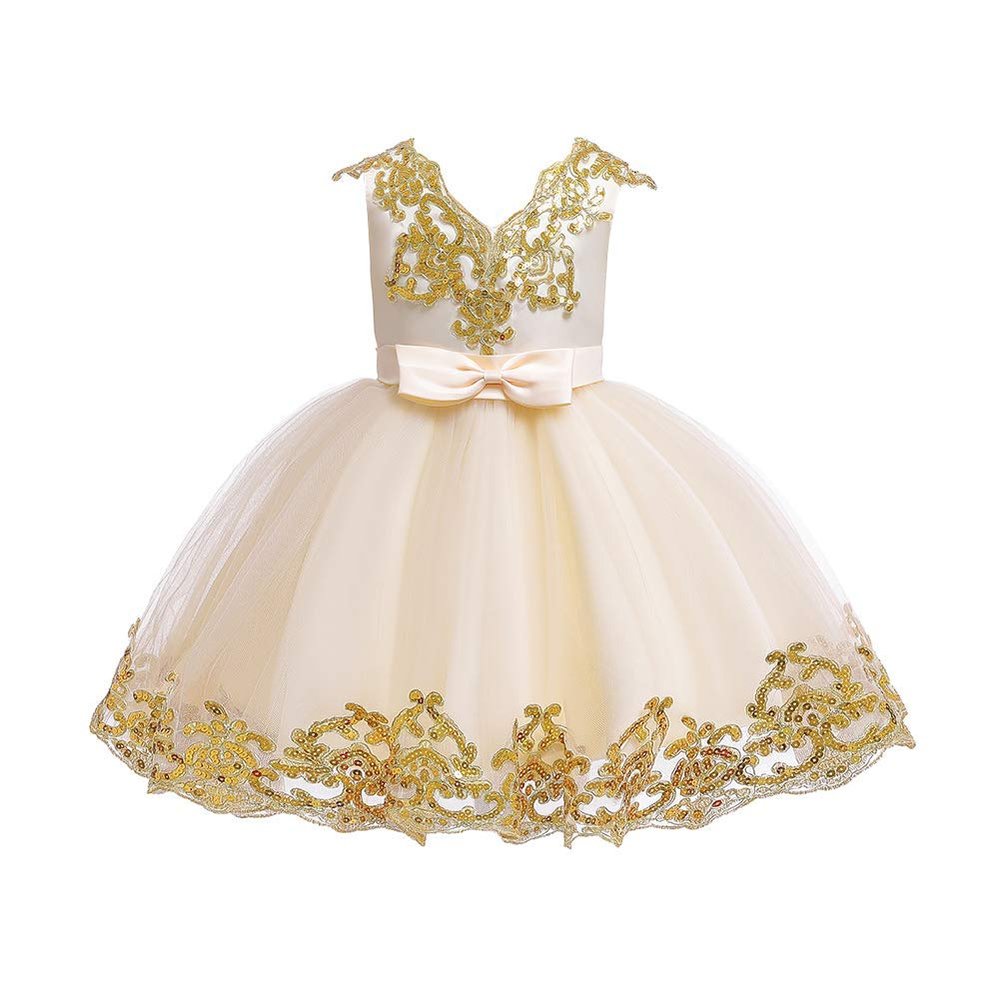 Lace Flower Girls Sequins Bowknot Tutu Dress for Kids Baby Christening Baptism Communion Birthday Party Formal Dress Toddler Princess Pageant Wedding Bridesmaid V-Back Gowns Champagne 10-11 Years