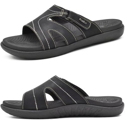 KuaiLu Womens Fashion Orthotic Slides Ladies Lightweight Athletic Yoga Mat Walking Sandals Slip On Thick Cushion Recovery Slippers Sandles Comfortable Plantar Fasciitis Arch Support Black Size 8.5