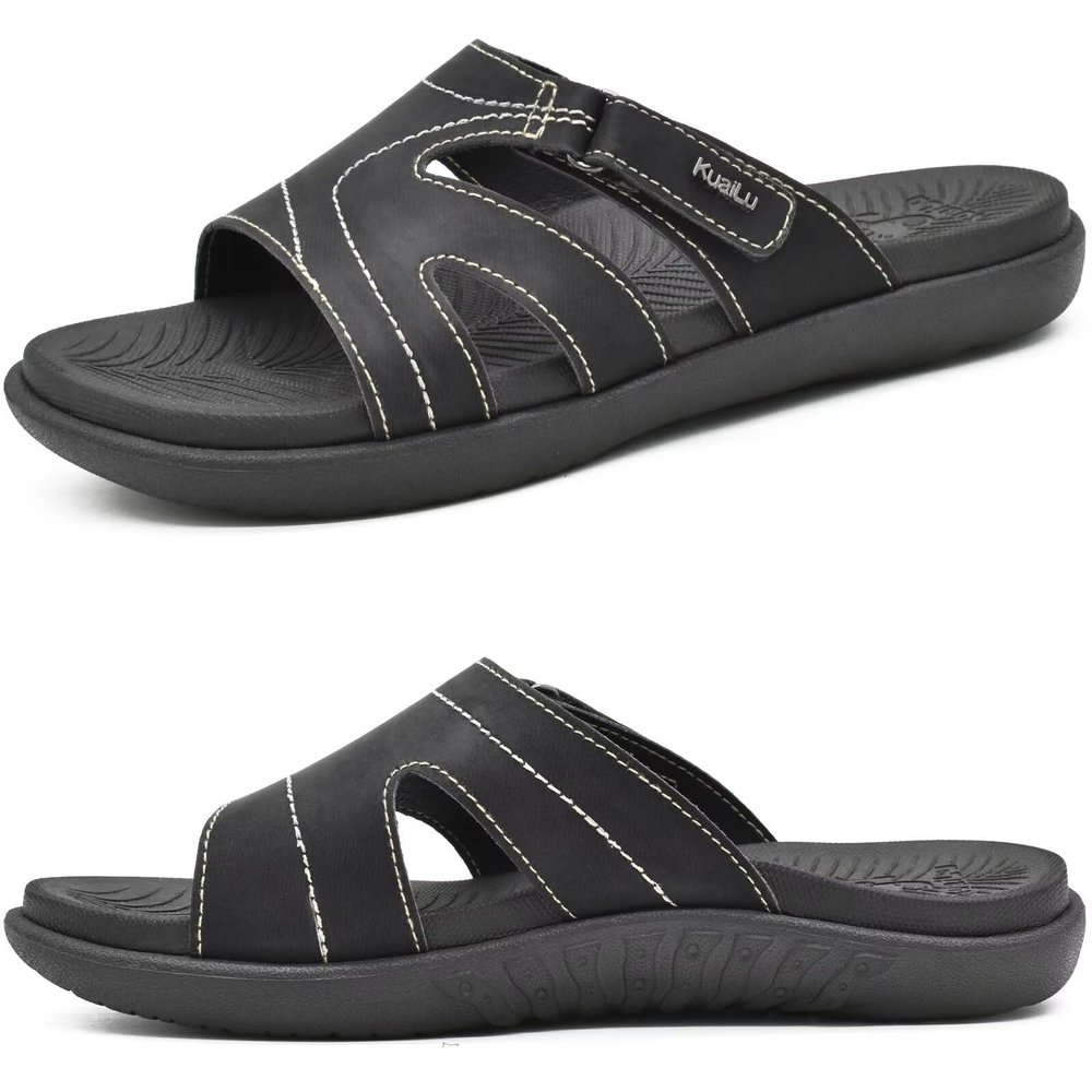 KuaiLu Womens Fashion Orthotic Slides Ladies Lightweight Athletic Yoga Mat Walking Sandals Slip On Thick Cushion Recovery Slippers Sandles Comfortable Plantar Fasciitis Arch Support Black Size 8.5