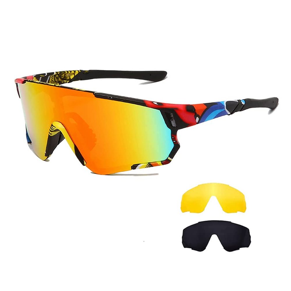 Long Keeper Polarized Sport Cycling Sunglasses with 3 Interchangeable Lens Men Women Baseball Fishing Glasses (Colorful/Red-3lens)