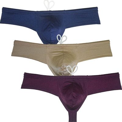 JAXFSTK Men's Brazilian Bikini Swimsuit Thong Drawstring Swimwear Solid Shiny Ultra Cheeky Swim Boxer Briefs Dark Green 3-Pack(Navy Blue,Khaki,Purple) XL