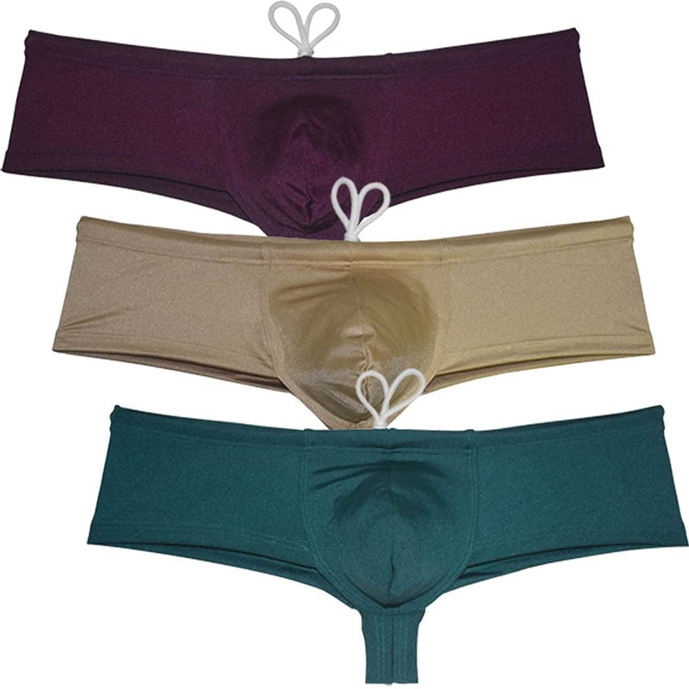 JAXFSTK Men's Brazilian Bikini Thong Swimwear Drawstring Swimsuit Shiny Cheeky Swim Boxer Briefs Trunks Dark Green 3-Pack(purple,khaki,dark green) M
