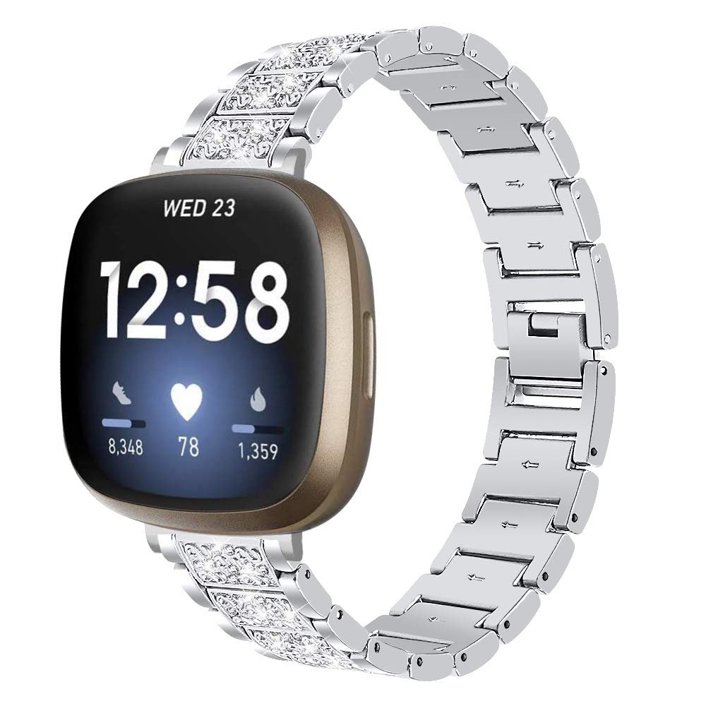 TRYBEST Compatible with Fitbit Sense/Fitbit Versa 3 Bands,Replacement Stainless Steel Wristband Metal Strap with Link Remover Tool Adjustable Wrist for 5.5-8.1 inch for Women Men - Silver