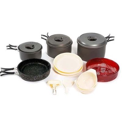 ME Camping Cook Set, Superior Backcountry Cookware a set consisting of a frying pan, plate, ladle, bowl, etc. Aluminum for 5 or 6 people