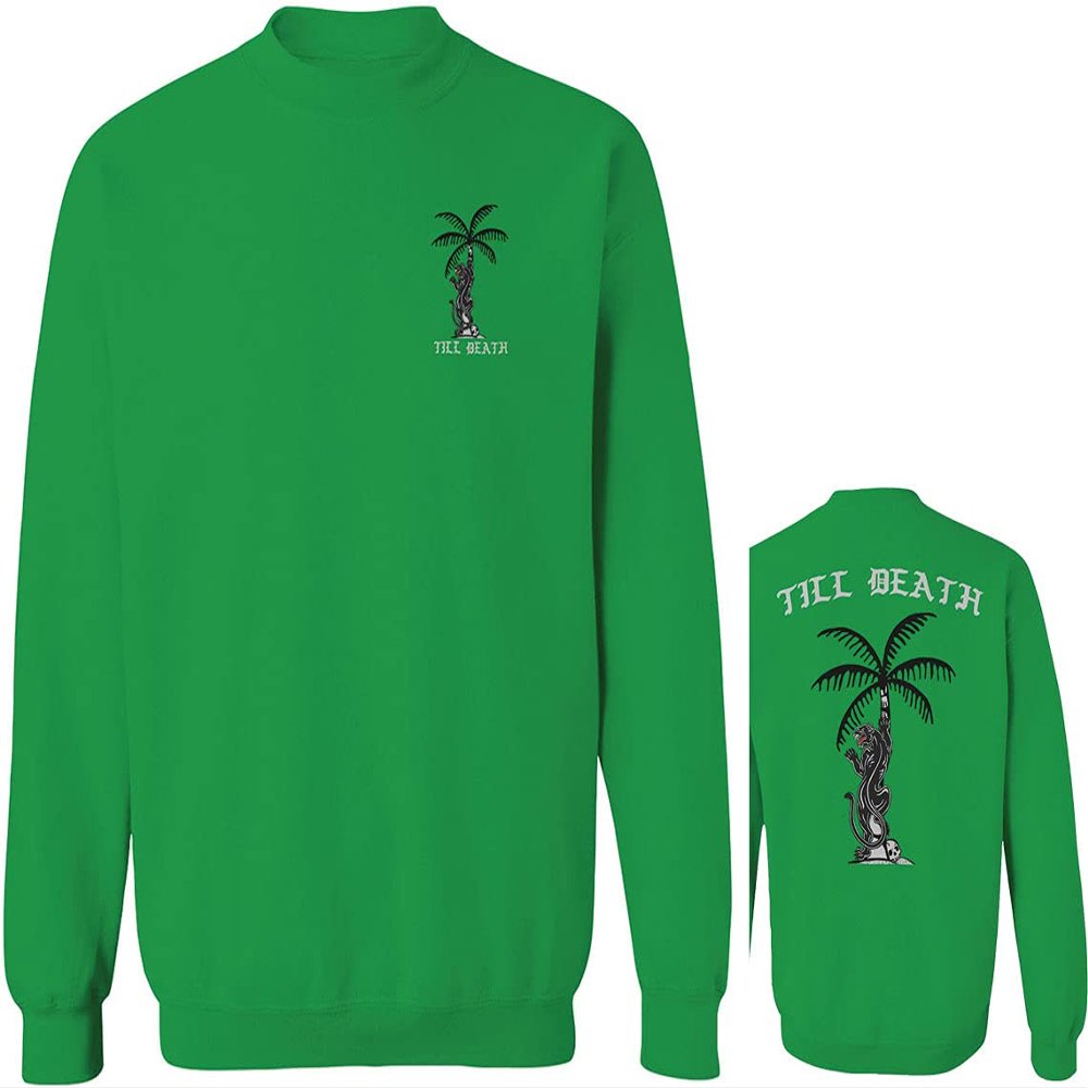 Summer Cool Graphic Palm Puma Tattoo Till Death Obei Society Men's Crewneck Sweatshirt (Irish Green Large)