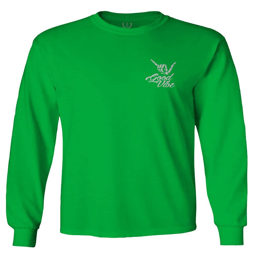 0012. Good Vibe Bones Hand Shaka Cool Vintage Hipster Graphic Men's Long Sleeve t Shirt (Irish Green Medium)