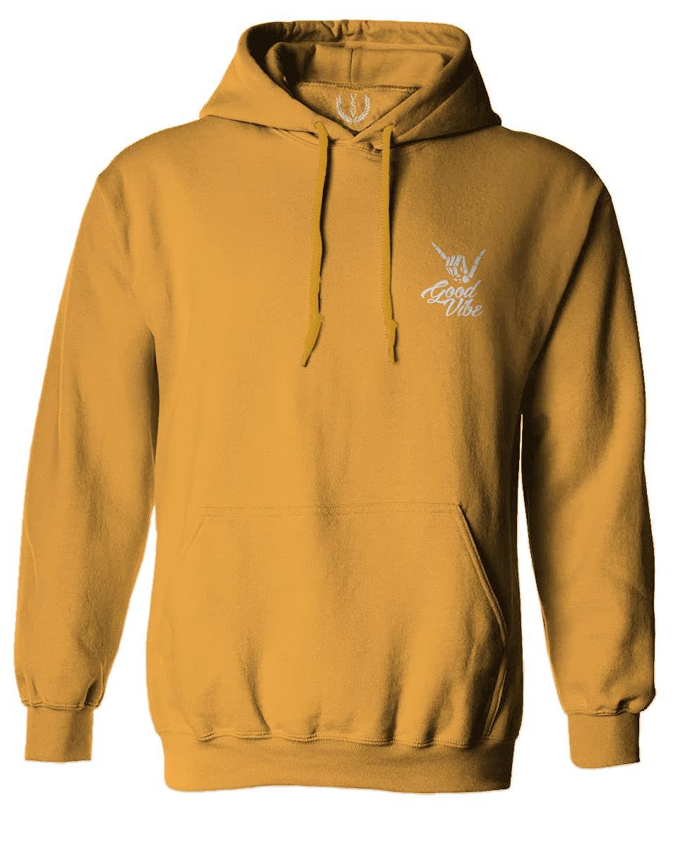 0012. Good Vibe Bones Hand Shaka Cool Vintage Hipster Graphic Sweatshirt Pullover Hoodie (Gold, Small)