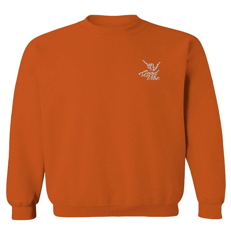 0012. Good Vibe Bones Hand Shaka Cool Vintage Hipster Graphic Men's Crewneck Sweatshirt (Orange X-Large)