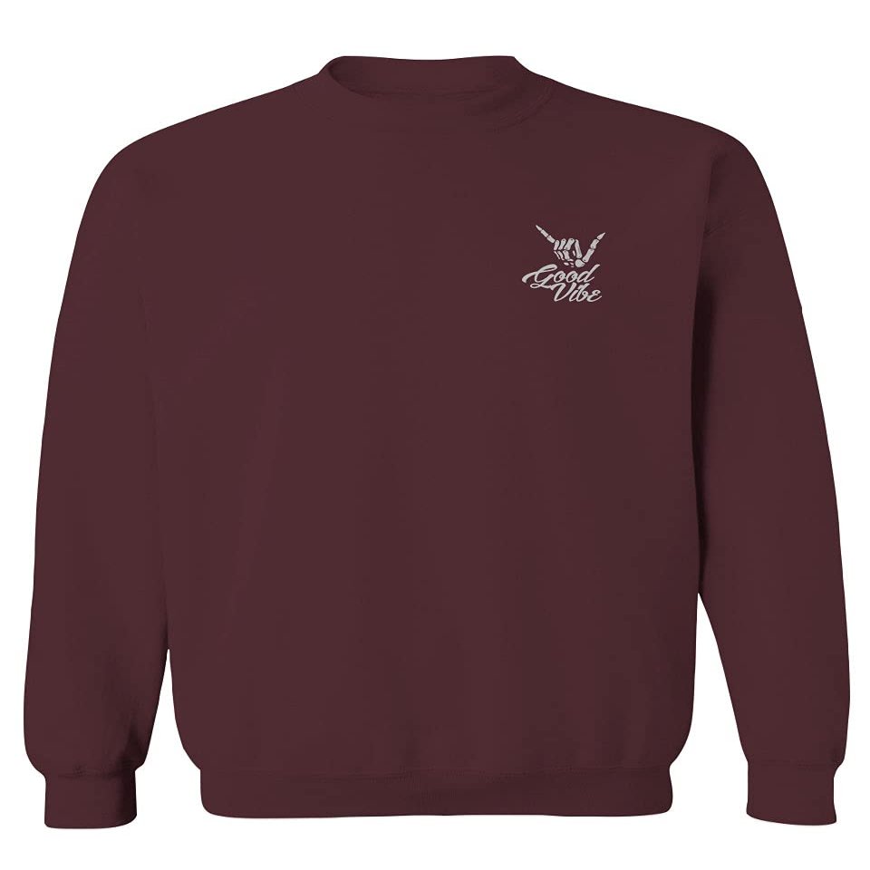 0012. Good Vibe Bones Hand Shaka Cool Vintage Hipster Graphic Men's Crewneck Sweatshirt (Maroon Large)