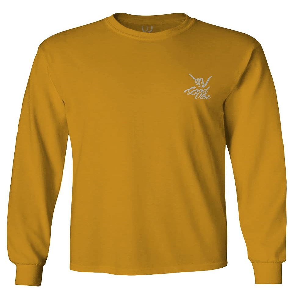 0012. Good Vibe Bones Hand Shaka Cool Vintage Hipster Graphic Men's Long Sleeve t Shirt (Gold 2X Large)