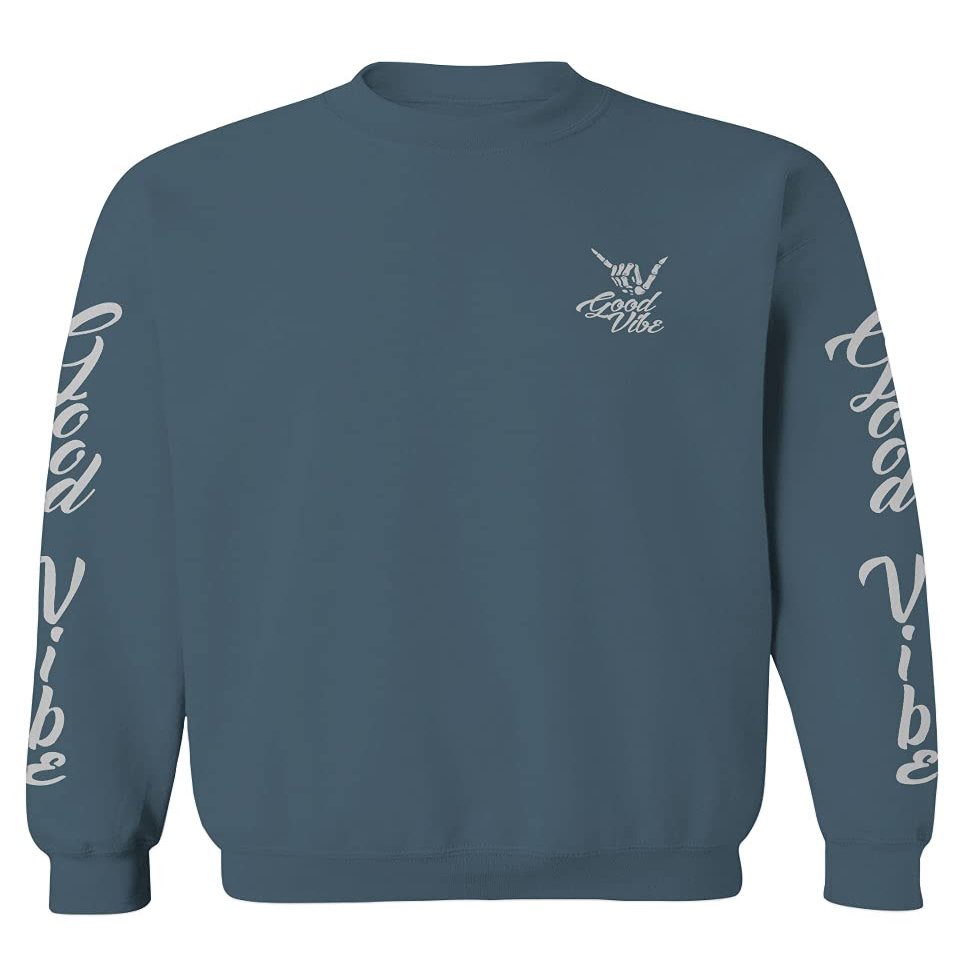 0190. Good Vibe Bones Hand Shaka Graphic dope Streetwear Style Men's Crewneck Sweatshirt (Indigo Blue Large)